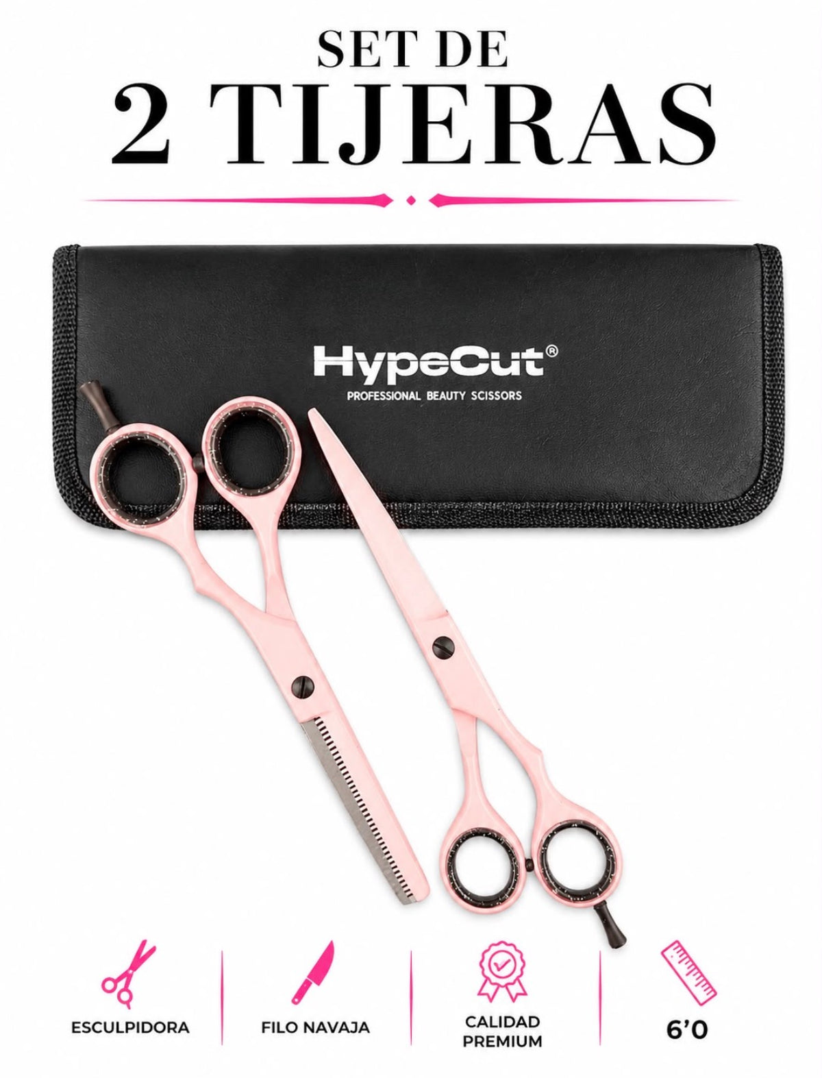 SET 2 TIJERAS PROFESIONALES ROSADA HYPECUT 6.0” ACERO PAKISTANÍ