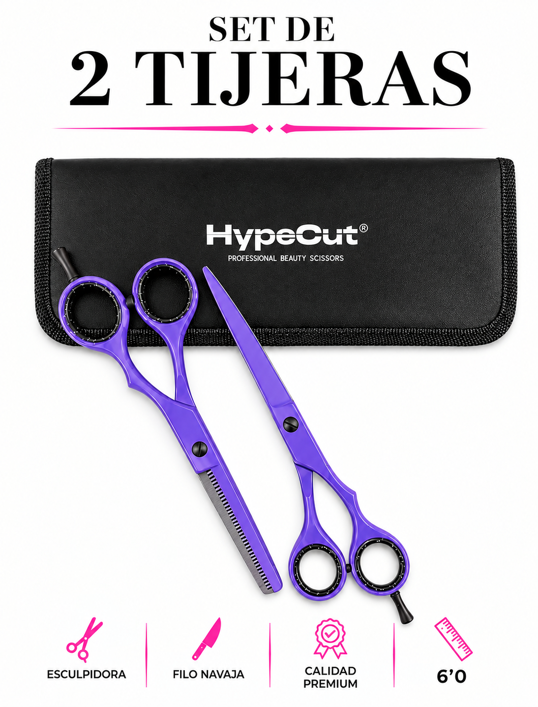 SET 2 TIJERAS PROFESIONALES MORADO 6.0” HYPECUT ACERO PAKISTANÍ