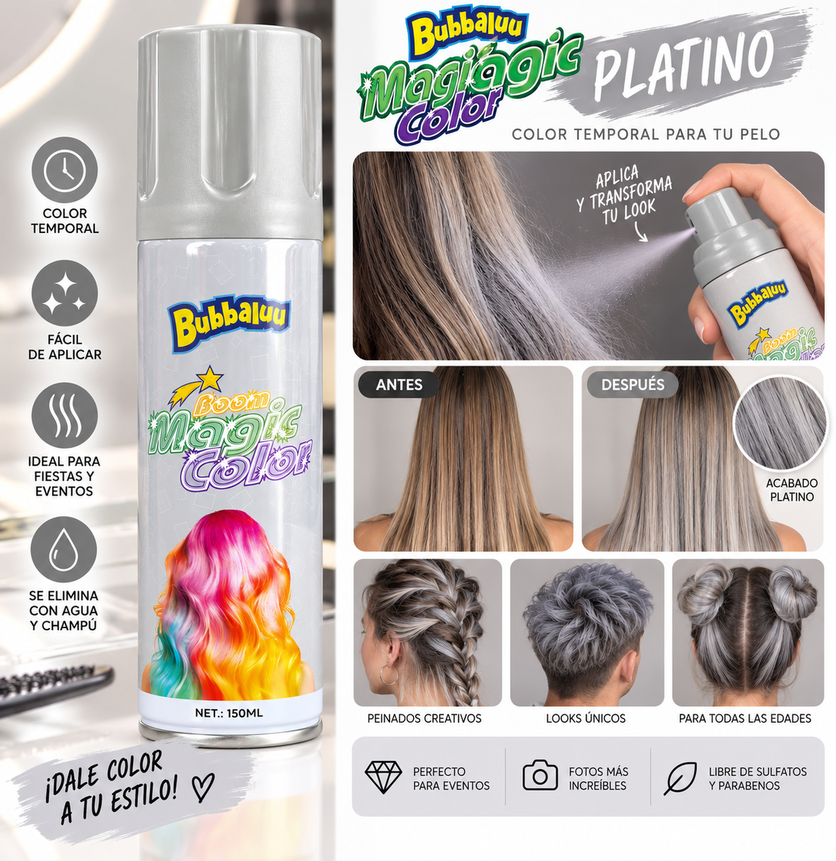 SPRAY DE COLOR TEMPORAL GRIS BUBBALUU 150ml