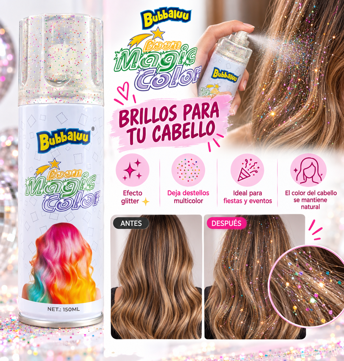 SPRAY DE COLOR TEMPORAL BRILLO BUBBALUU 150ml