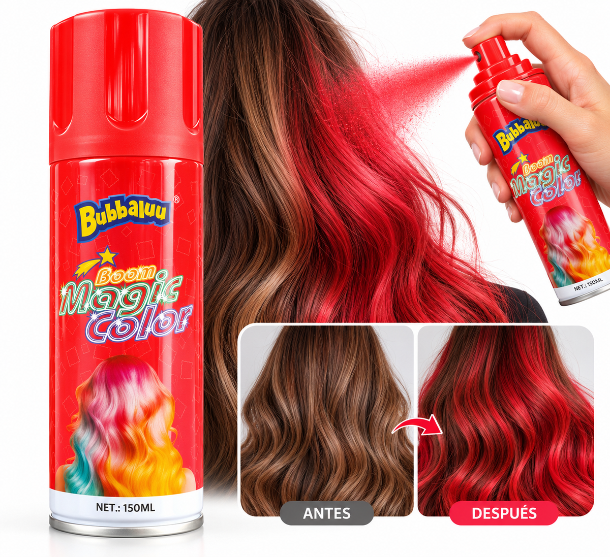 SPRAY DE COLOR TEMPORAL ROJO BUBBALUU 150ml