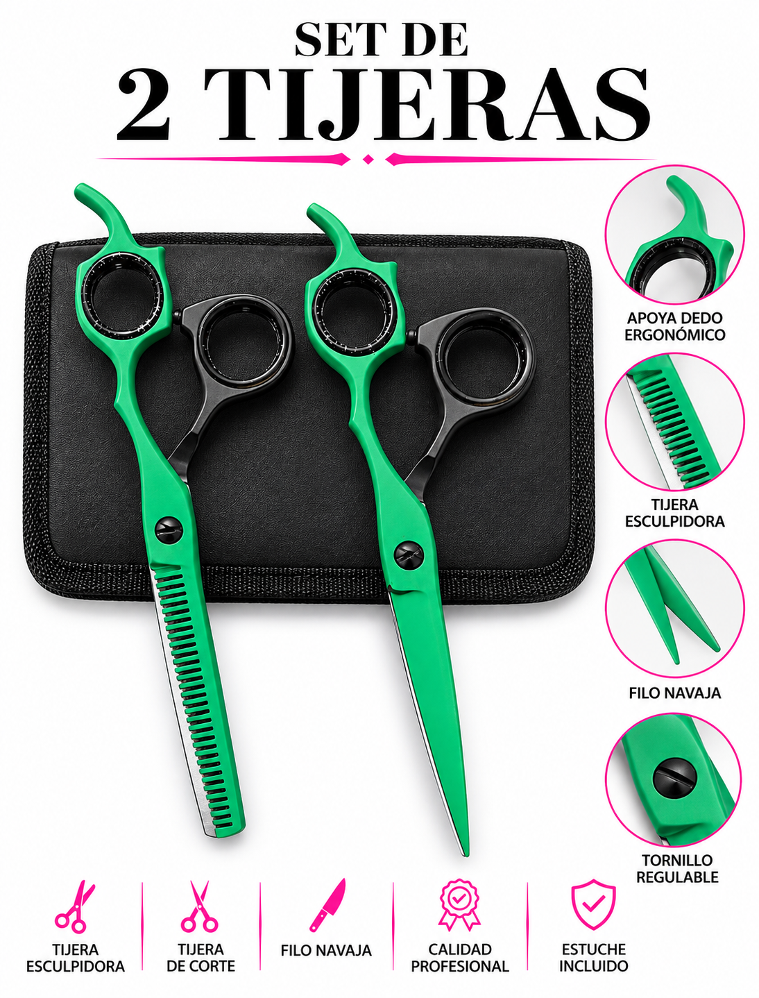 SET 2 TIJERAS PROFESIONALES VERDE/NEGRO 6.0” HYPECUT ACERO PAKISTANÍ