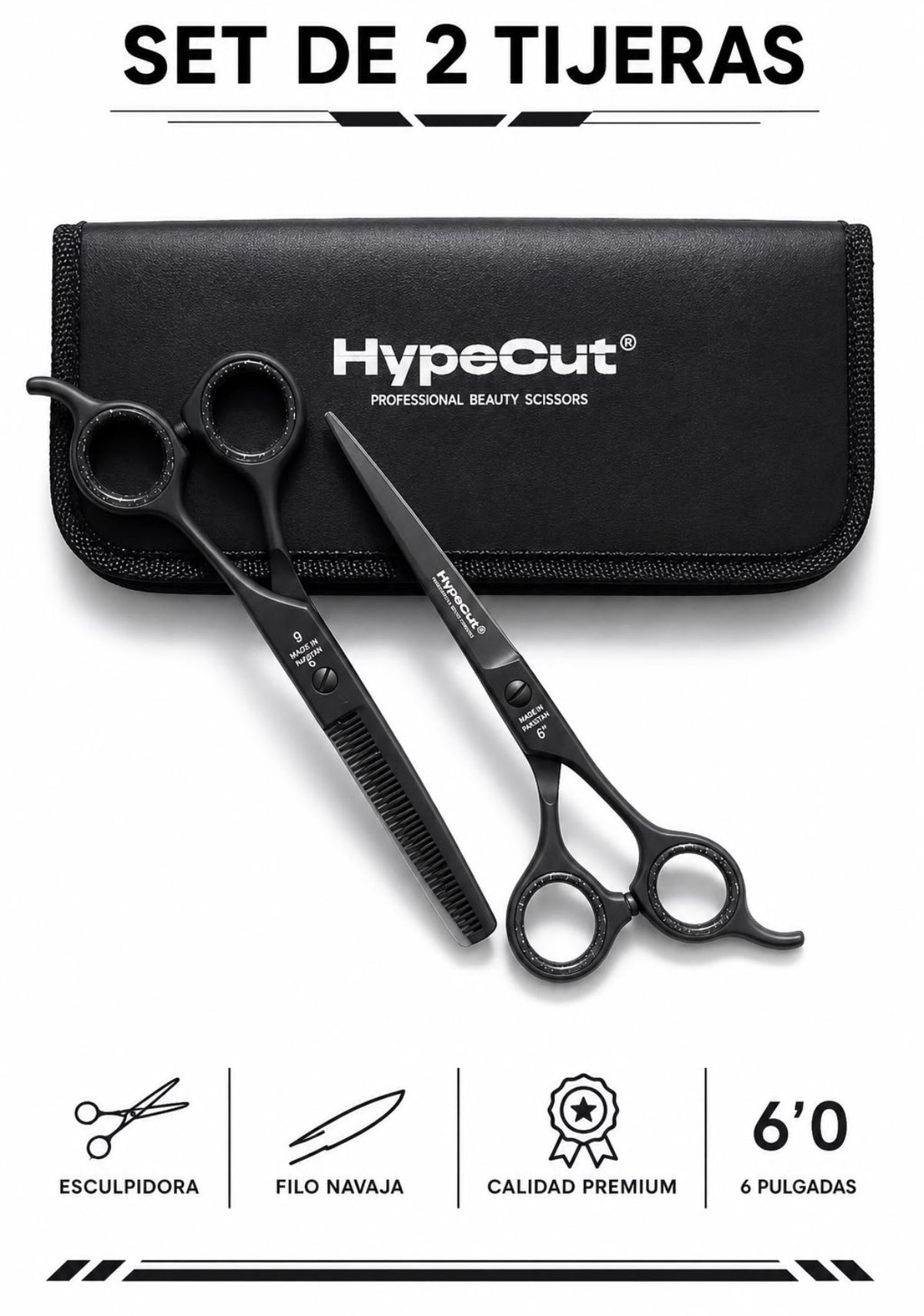 SET 2 TIJERAS PROFESIONALES NEGRO 6.0” HYPECUT ACERO PAKISTANÍ