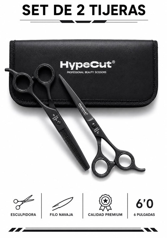 SET 2 TIJERAS PROFESIONALES NEGRO 6.0” HYPECUT ACERO PAKISTANÍ