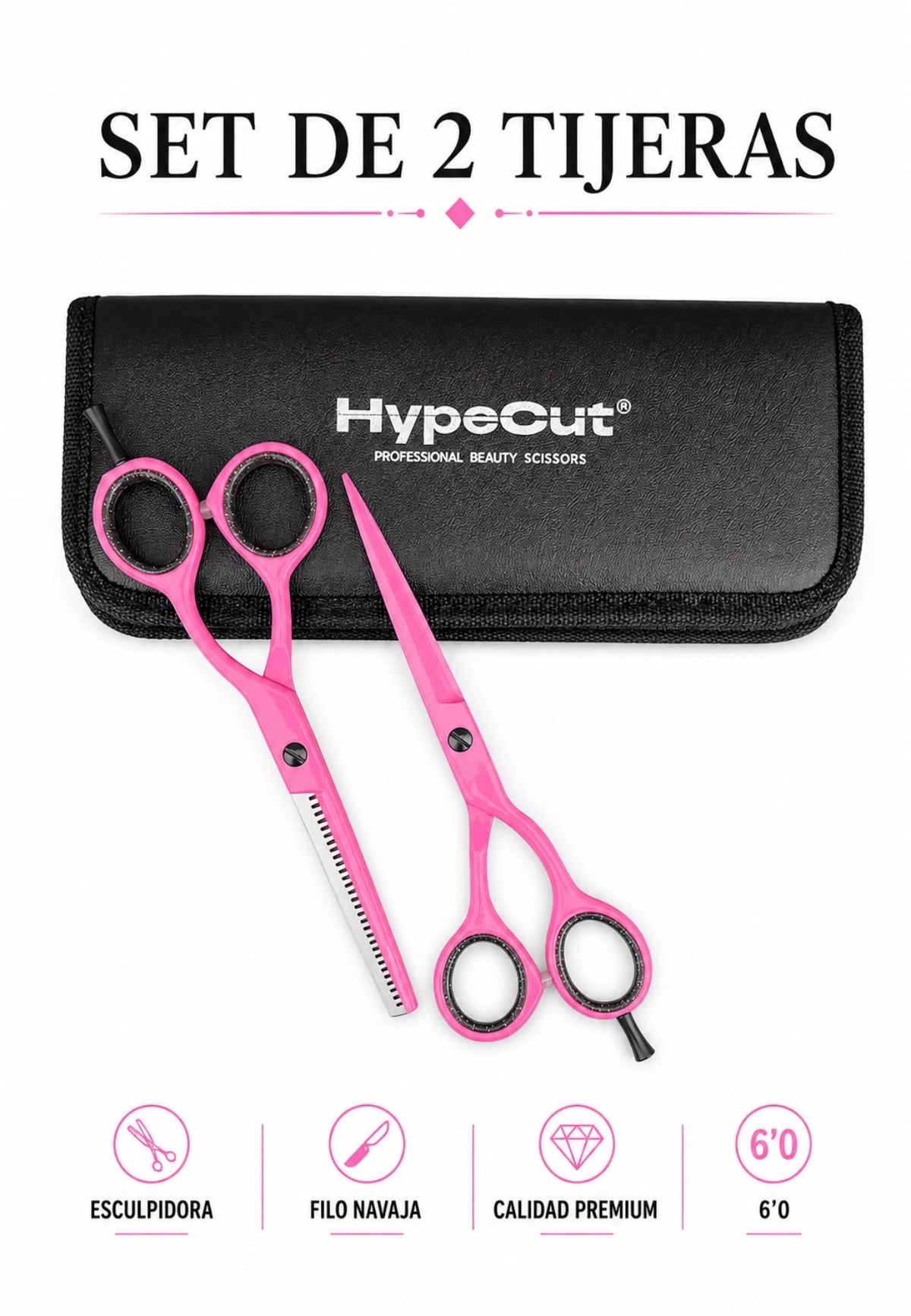 SET 2 TIJERAS PROFESIONALES ROSADA 6.0” HYPECUT ACERO PAKISTANÍ