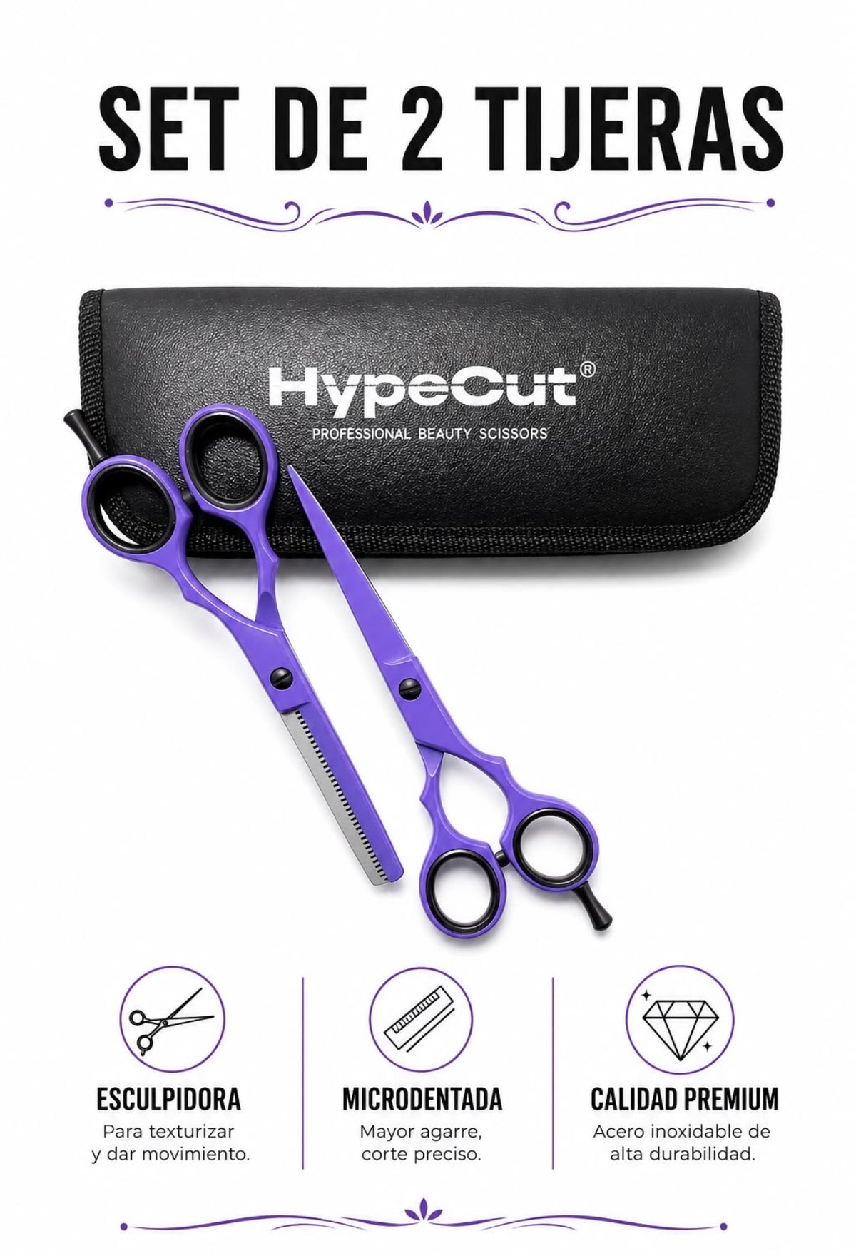 SET 2 TIJERAS PROFESIONALES MORADO 5.5” HYPECUT ACERO PAKISTANÍ