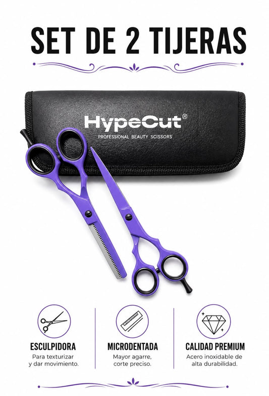 SET 2 TIJERAS PROFESIONALES MORADO 5.5” HYPECUT ACERO PAKISTANÍ