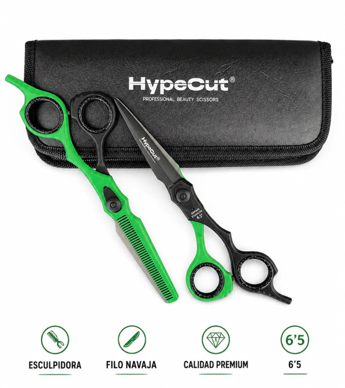 SET 2 TIJERAS PROFESIONALES NEGRO/VERDE HYPECUT 6.5” ACERO PAKISTANÍ
