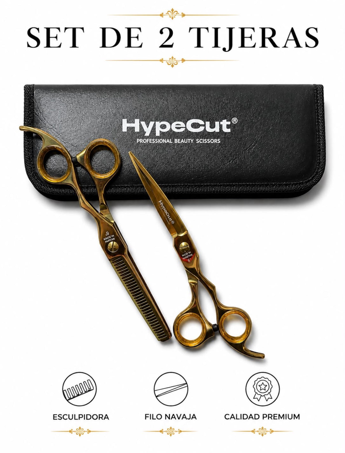 SET 2 TIJERAS PROFESIONALES DORADO 6.0” HYPECUT ACERO PAKISTANÍ
