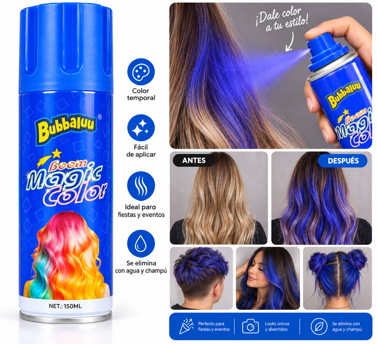 SPRAY DE COLOR TEMPORAL AZUL BUBBALUU 150ml