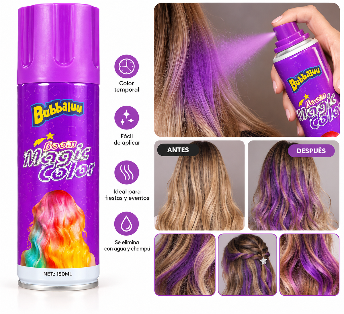 SPRAY DE COLOR TEMPORAL MORADO BUBBALUU 150ml