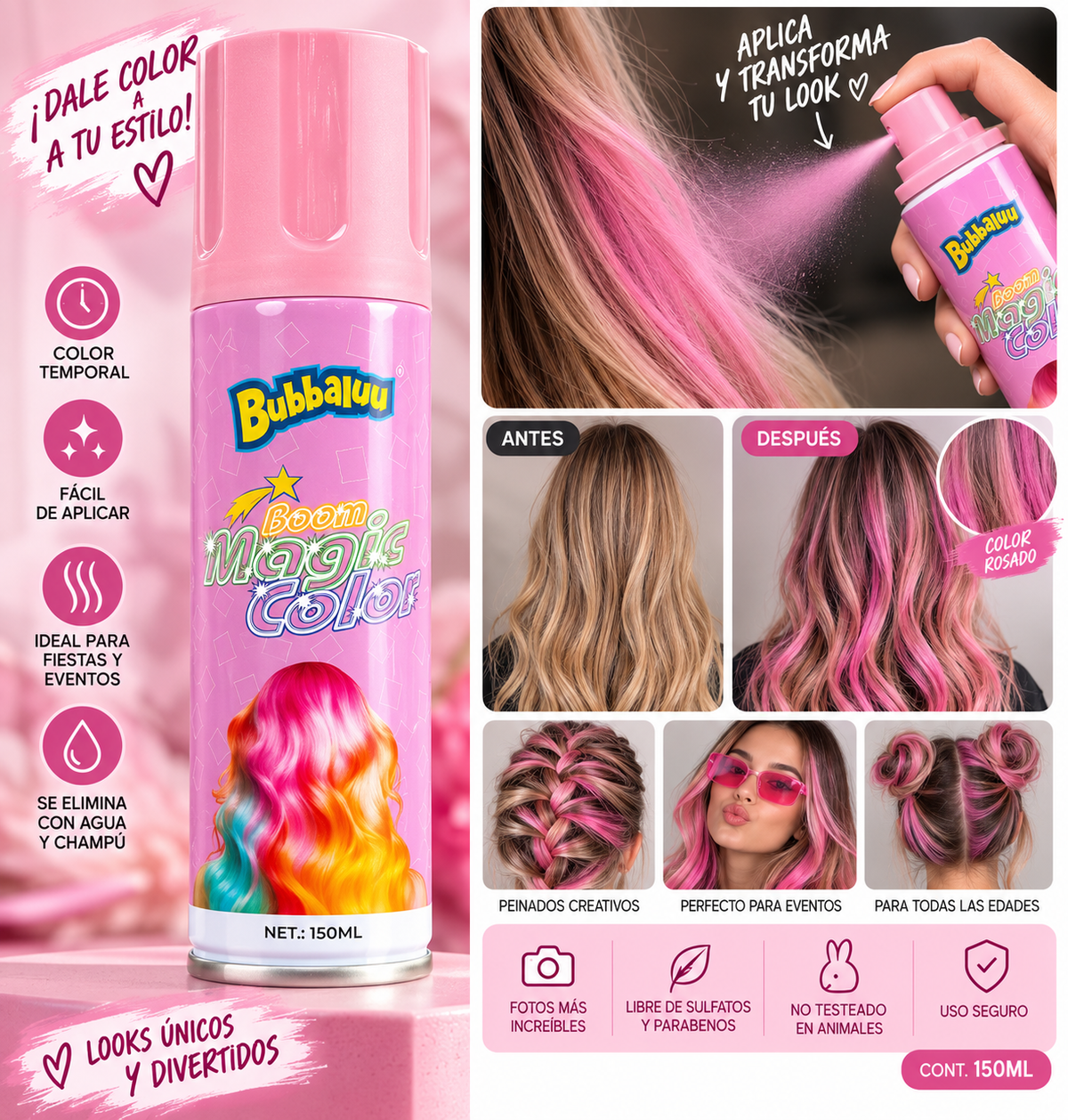 SPRAY DE COLOR TEMPORAL ROSADO BUBBALUU 150ml