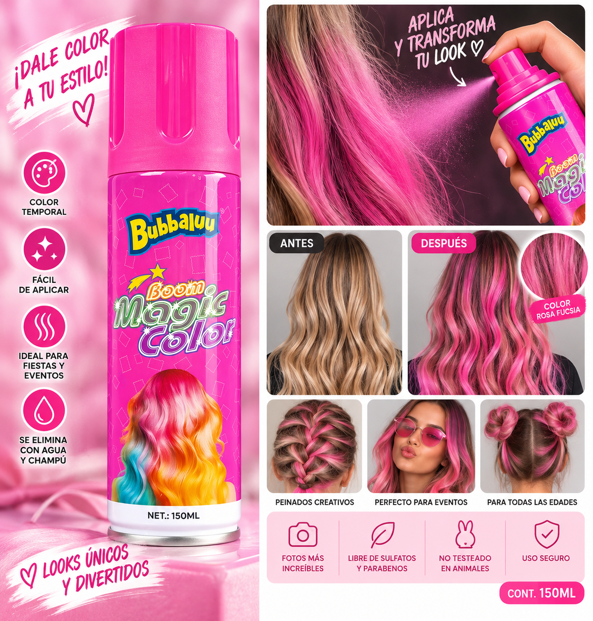 SPRAY DE COLOR TEMPORAL FUCSIA BUBBALUU 150ml